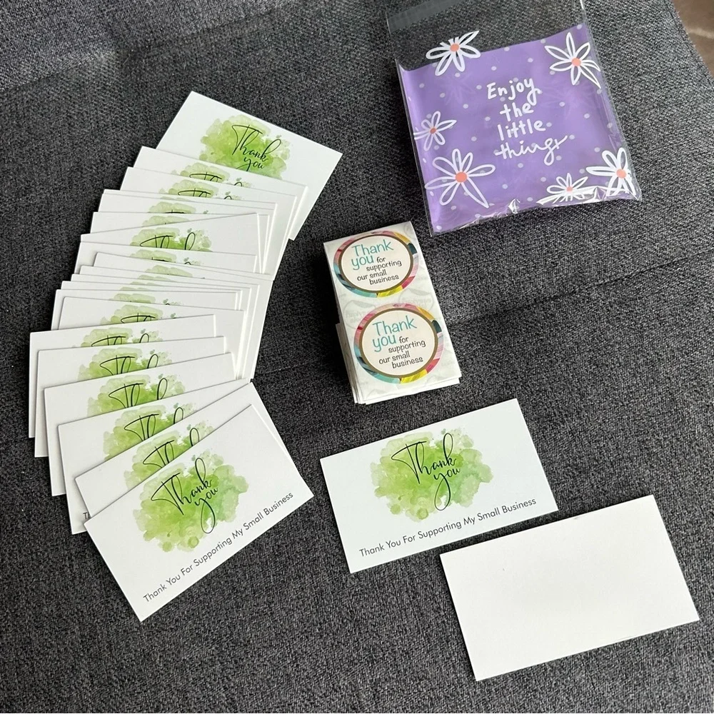 25 THANK YOU Business Cards + 25 Stickers, Starter Set, Watercolor, GREEN